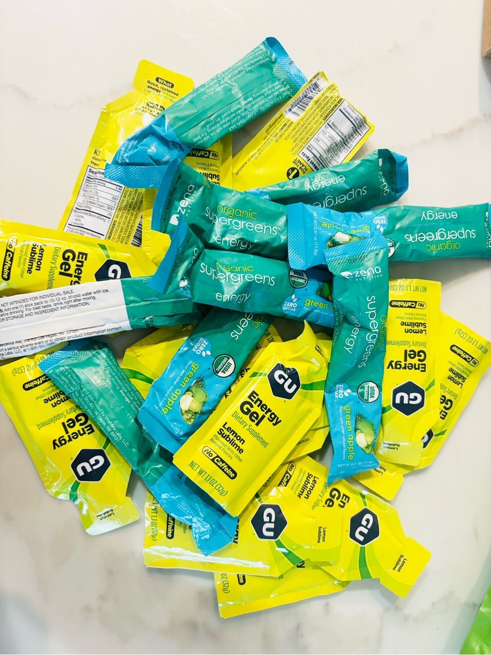 GU energy gel and Zena super greens